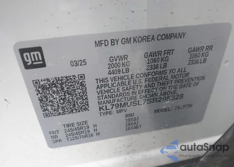 2025 Chevrolet Trailblazer Rs z USA, uszkodzony, nr VIN KL79MUSL7SB205328